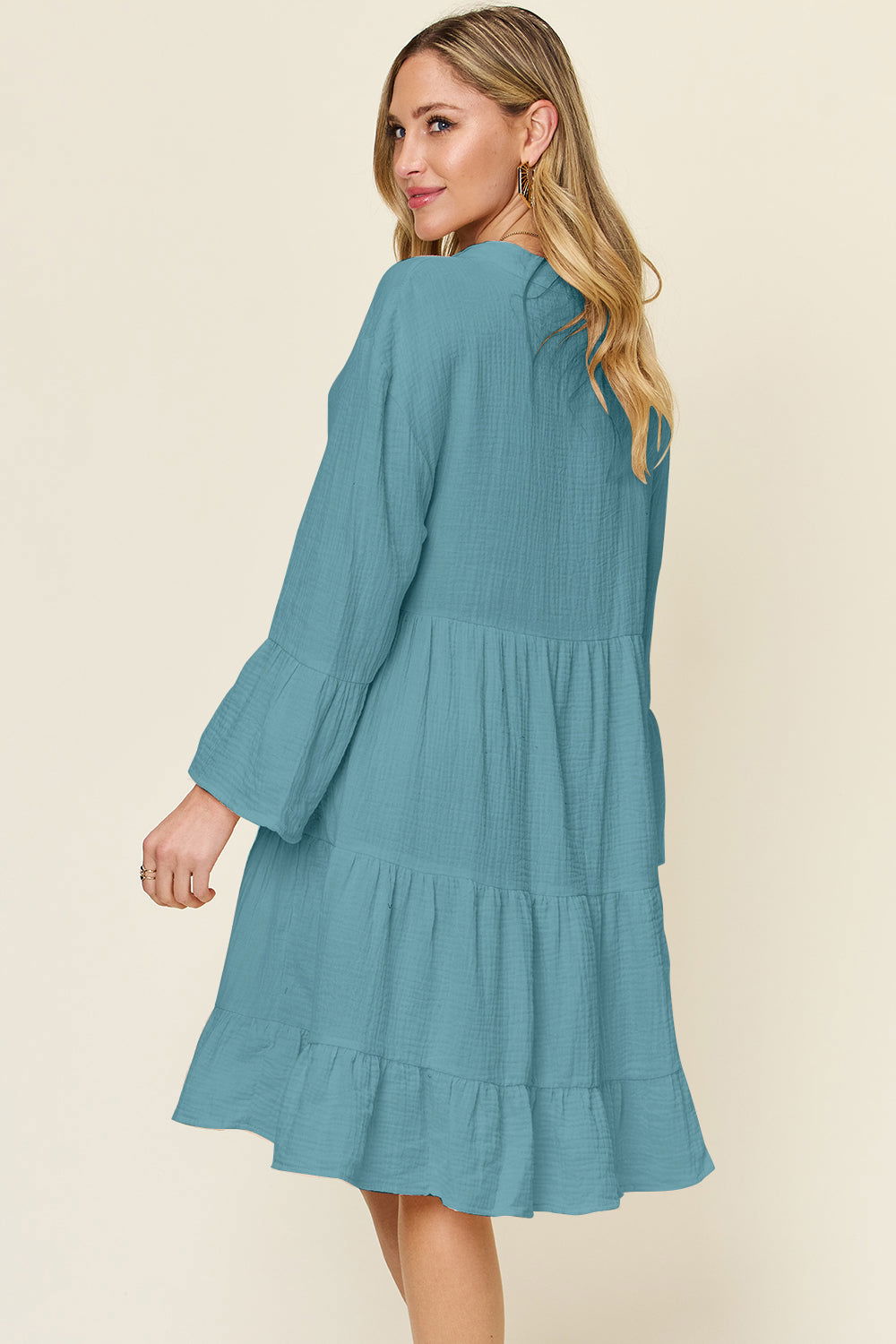 Double Take Full Size Texture Button Up Ruffle Hem Dress us.meeeshop - 