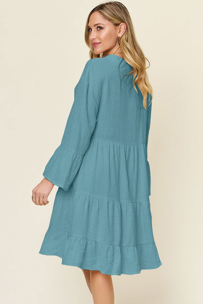 Double Take Full Size Texture Button Up Ruffle Hem Dress us.meeeshop - 