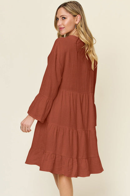 Double Take Full Size Texture Button Up Ruffle Hem Dress us.meeeshop - 