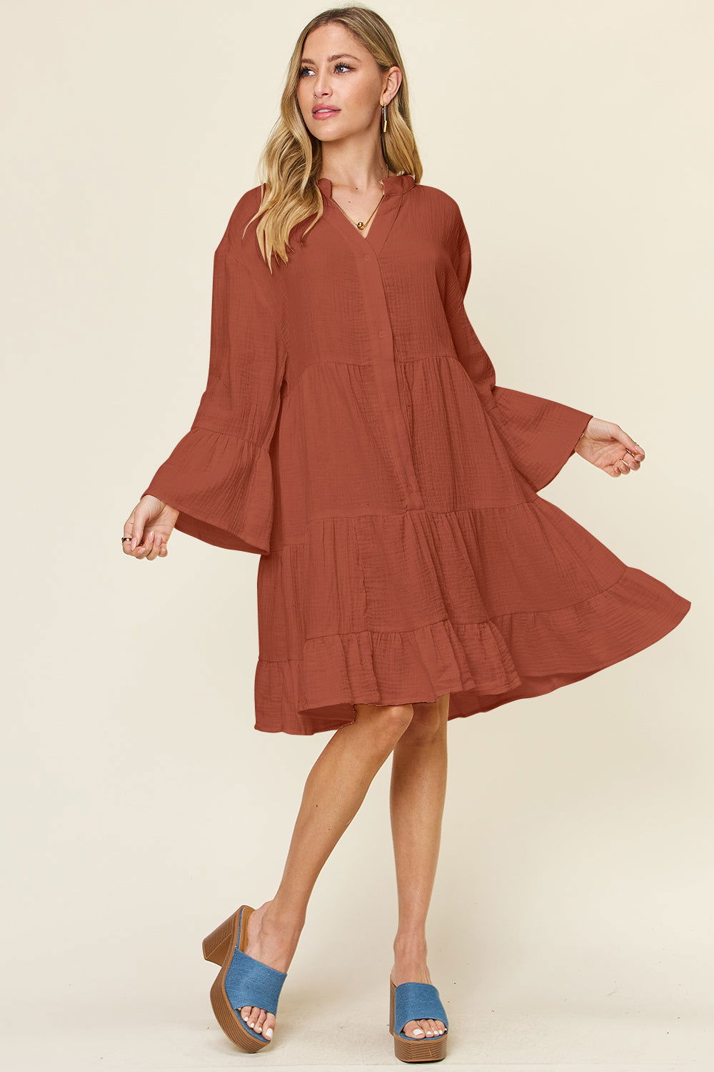 Double Take Full Size Texture Button Up Ruffle Hem Dress us.meeeshop - 