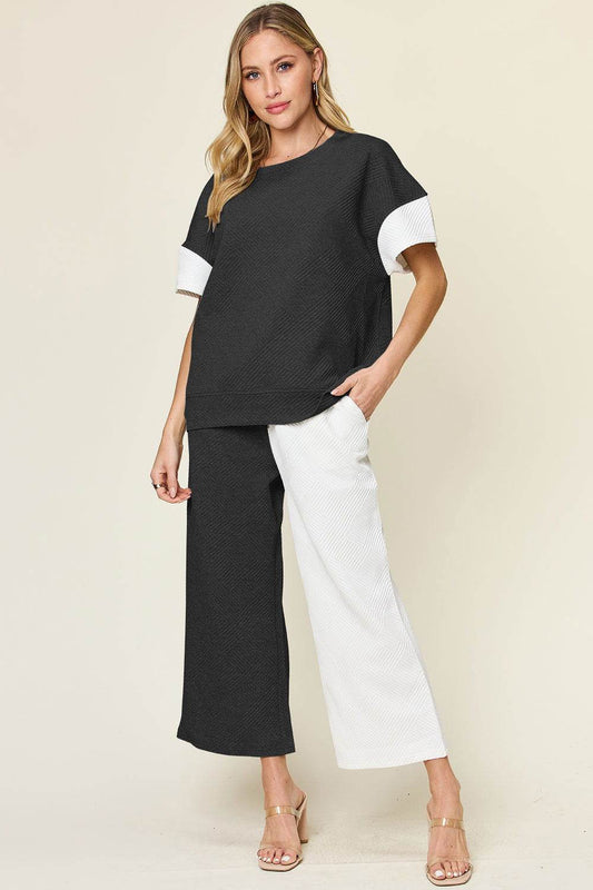 Double Take Full Size Texture Contrast T-Shirt and Wide Leg Pants Set - us.meeeshop