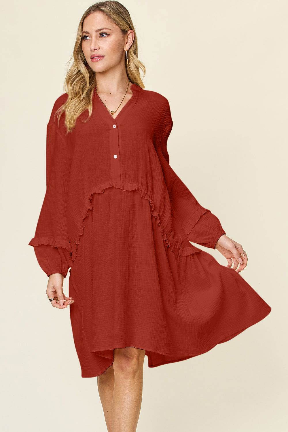 Double Take Full Size Texture Half Button Ruffle Trim Dress us.meeeshop - Dresses