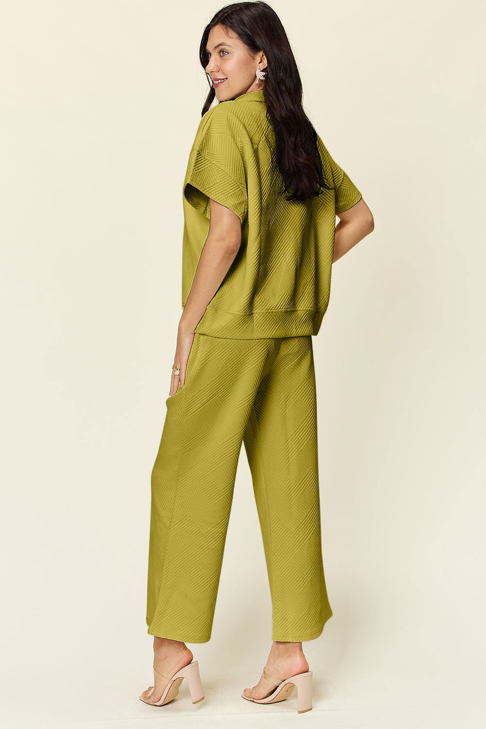 Double Take Full Size Texture Half Zip Short Sleeve Top and Pants Set us.meeeshop - 