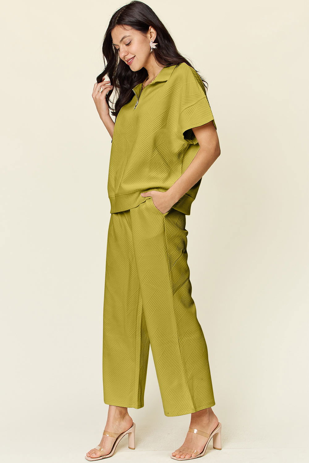 Double Take Full Size Texture Half Zip Short Sleeve Top and Pants Set us.meeeshop - 