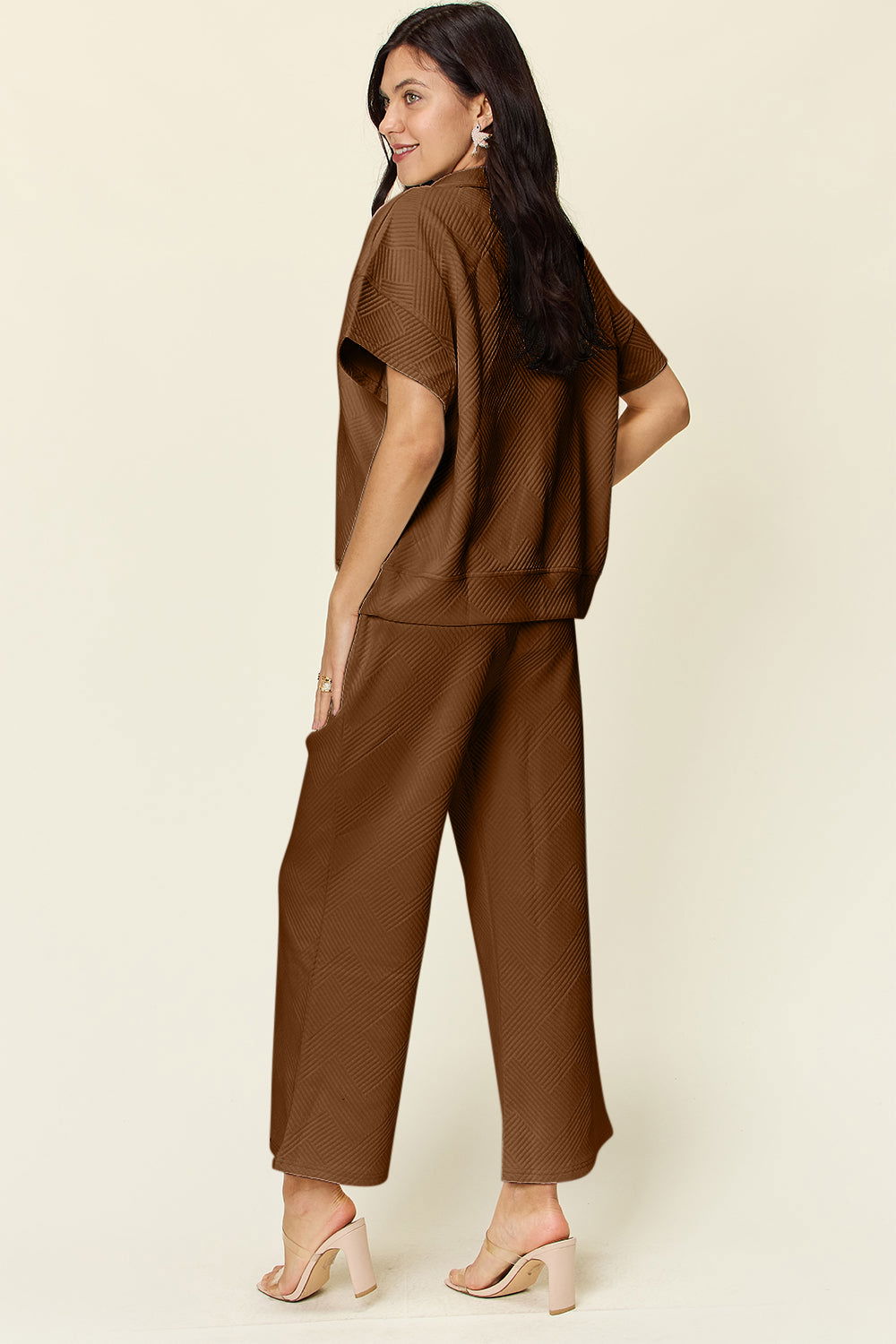 Double Take Full Size Texture Half Zip Short Sleeve Top and Pants Set us.meeeshop - 