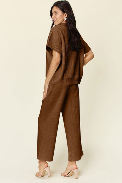 Double Take Full Size Texture Half Zip Short Sleeve Top and Pants Set us.meeeshop - 