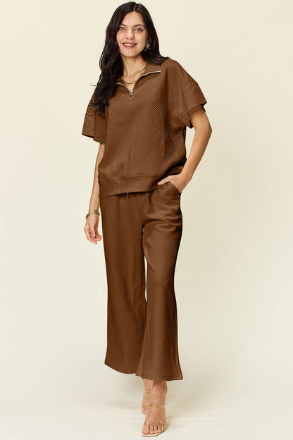 Double Take Full Size Texture Half Zip Short Sleeve Top and Pants Set us.meeeshop - 