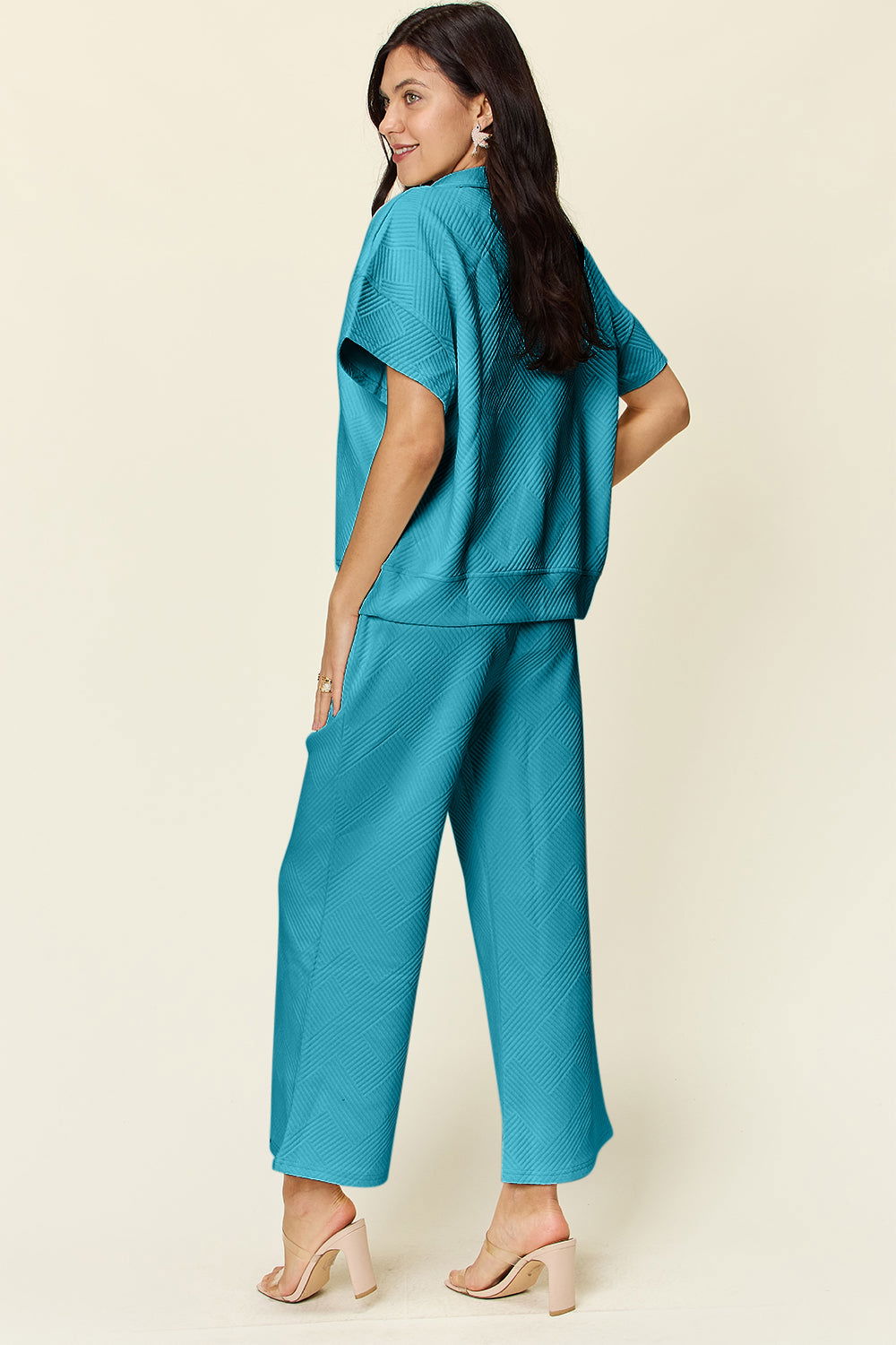 Double Take Full Size Texture Half Zip Short Sleeve Top and Pants Set us.meeeshop - 