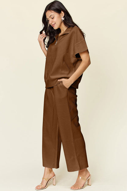 Double Take Full Size Texture Half Zip Short Sleeve Top and Pants Set us.meeeshop - 