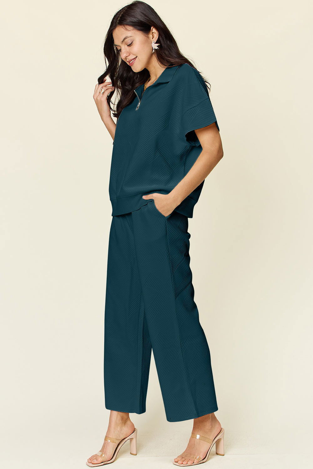 Double Take Full Size Texture Half Zip Short Sleeve Top and Pants Set us.meeeshop - 