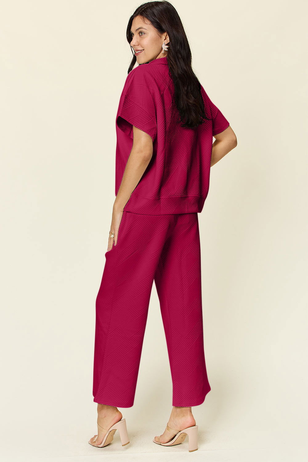 Double Take Full Size Texture Half Zip Short Sleeve Top and Pants Set us.meeeshop - 