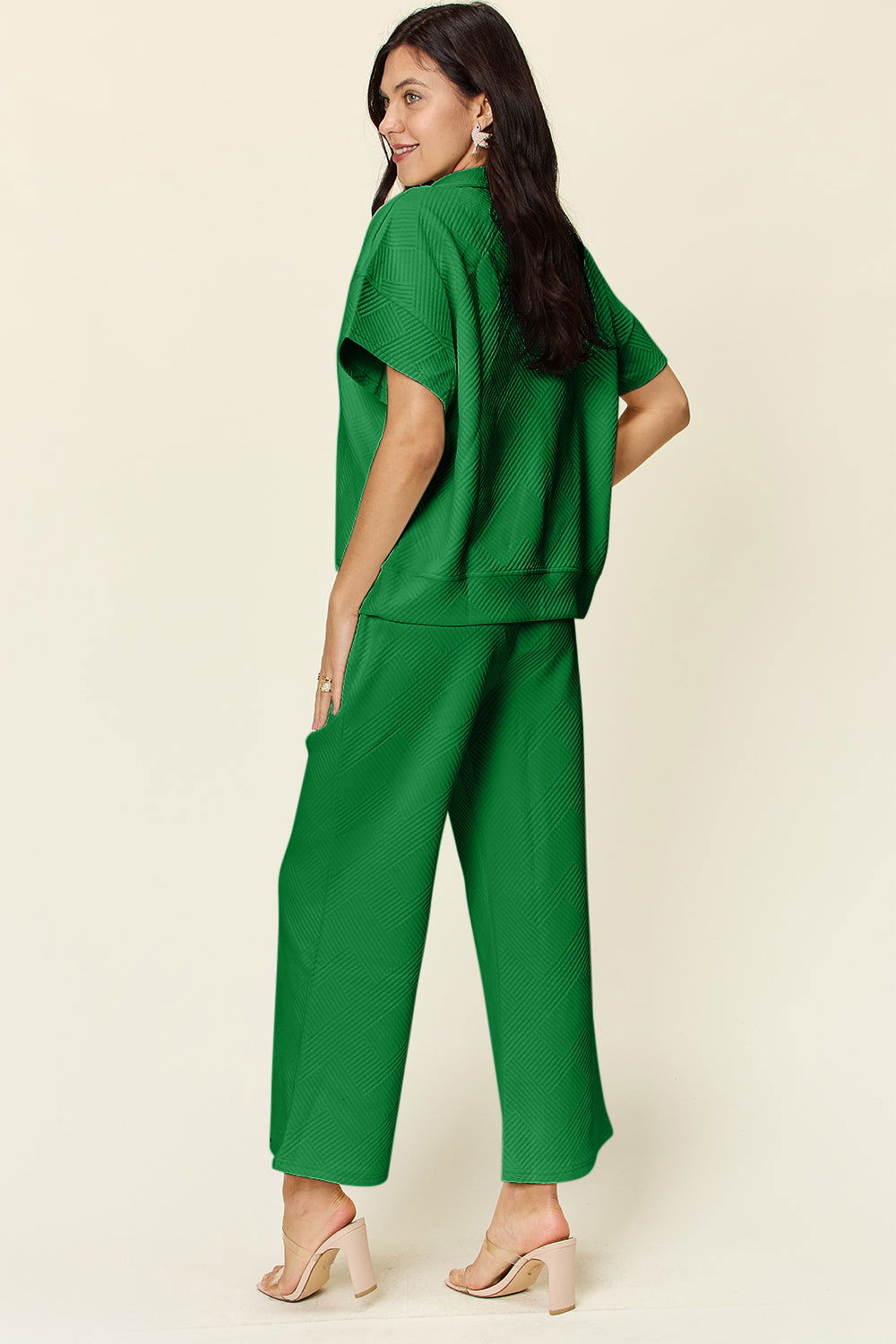 Double Take Full Size Texture Half Zip Short Sleeve Top and Pants Set us.meeeshop - 