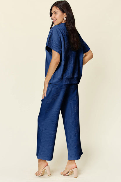 Double Take Full Size Texture Half Zip Short Sleeve Top and Pants Set us.meeeshop - 