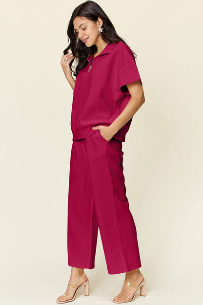 Double Take Full Size Texture Half Zip Short Sleeve Top and Pants Set us.meeeshop - 