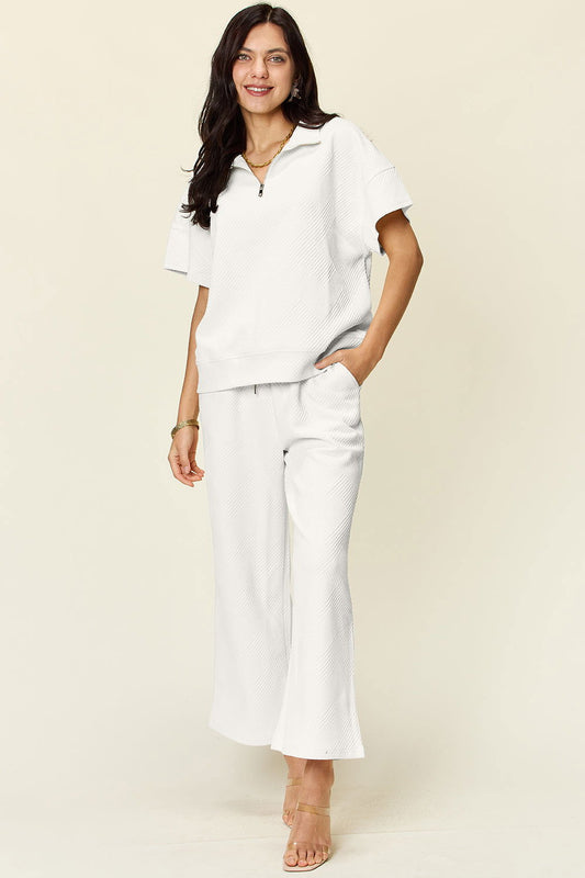 Double Take Full Size Texture Half Zip Short Sleeve Top and Pants Set us.meeeshop - Loungewear