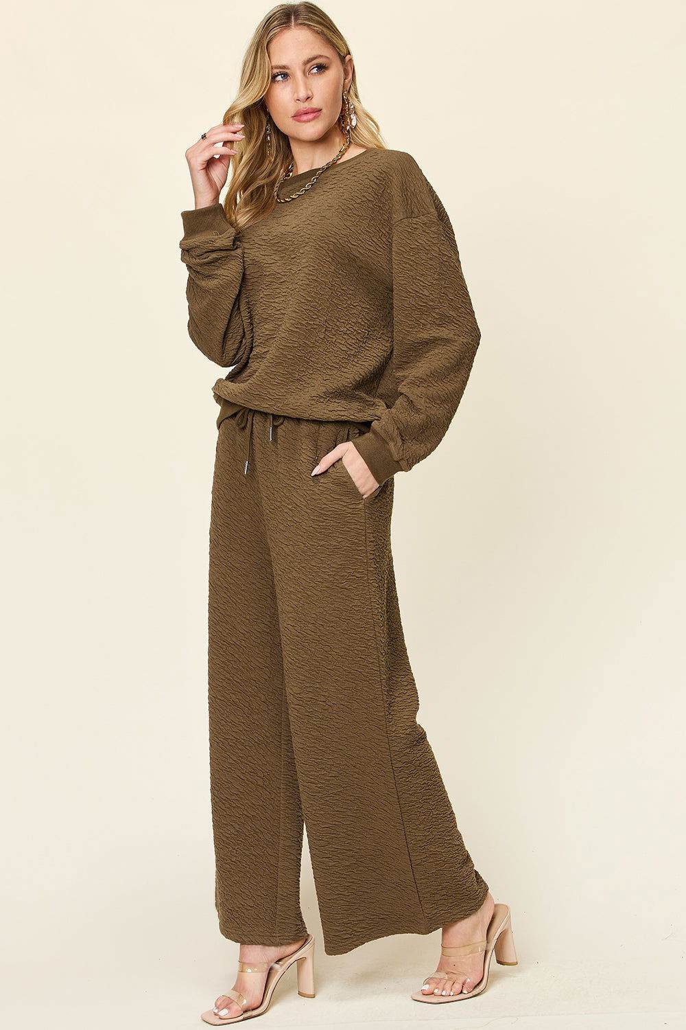 Double Take Full Size Texture Long Sleeve Top and Pants Set - us.meeeshop