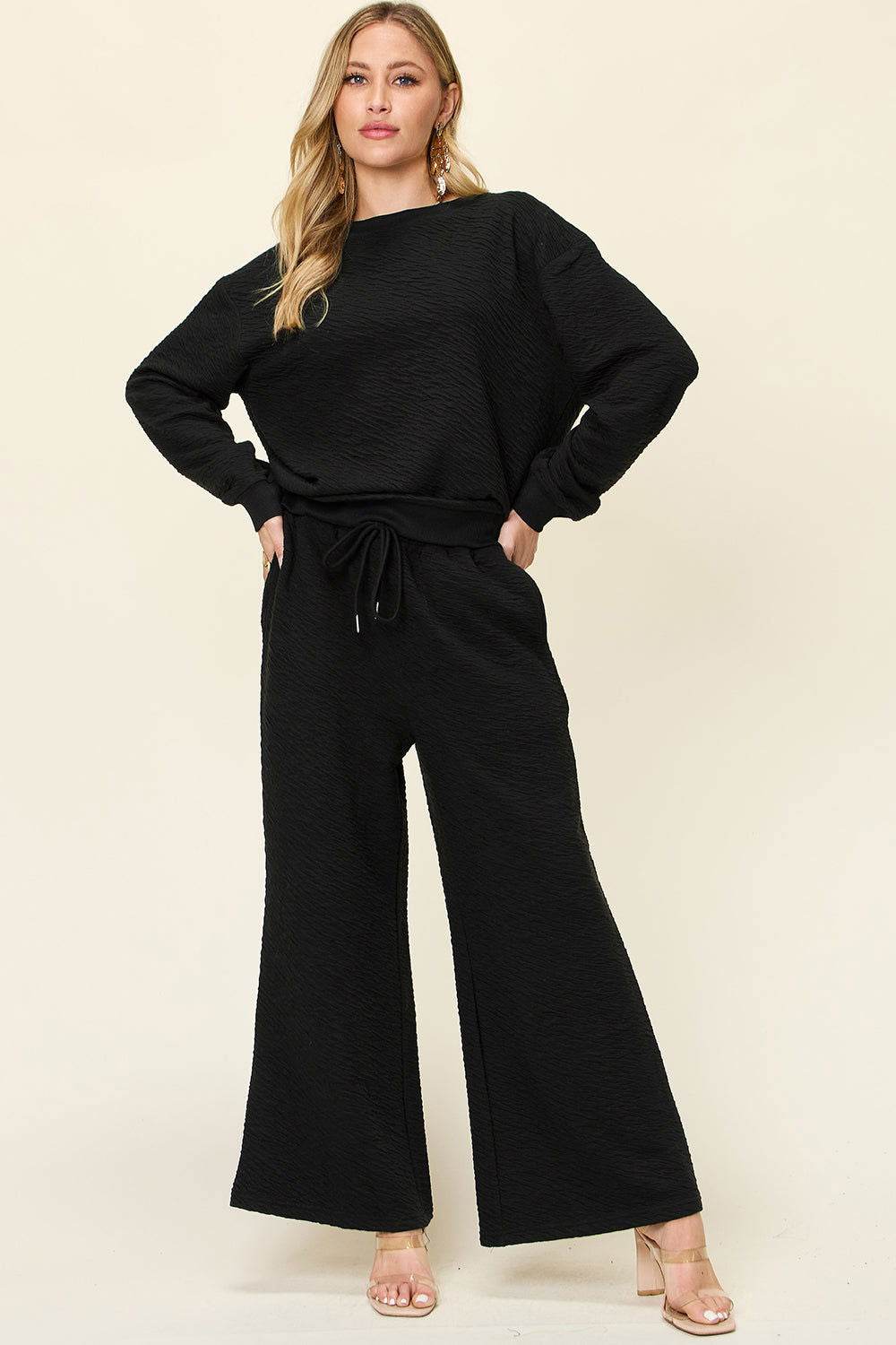 Double Take Full Size Texture Long Sleeve Top and Pants Set - us.meeeshop