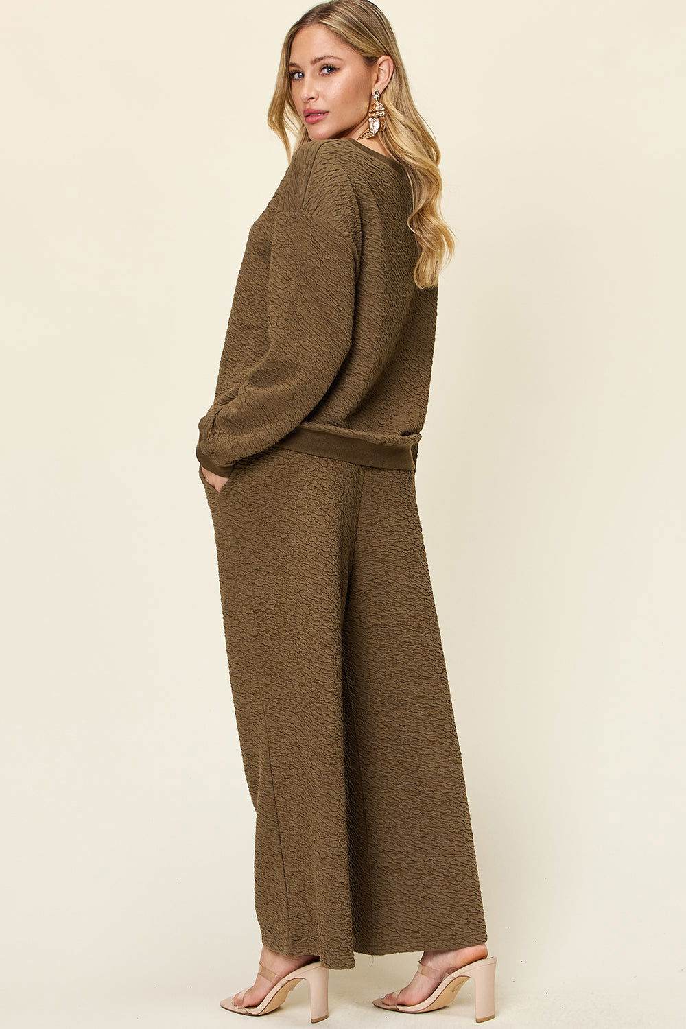 Double Take Full Size Texture Long Sleeve Top and Pants Set - us.meeeshop