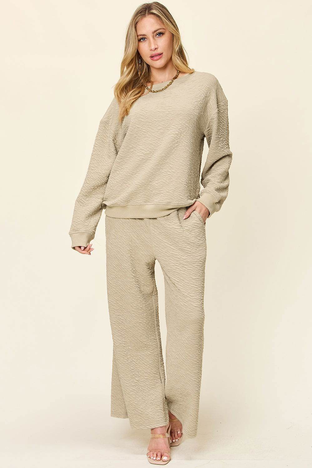 Double Take Full Size Texture Long Sleeve Top and Pants Set - us.meeeshop