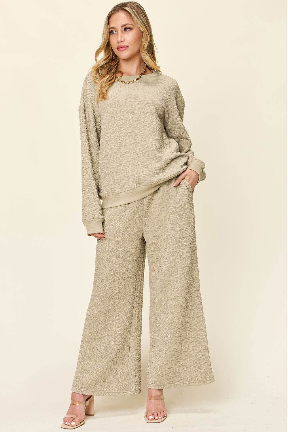 Double Take Full Size Texture Long Sleeve Top and Pants Set - us.meeeshop