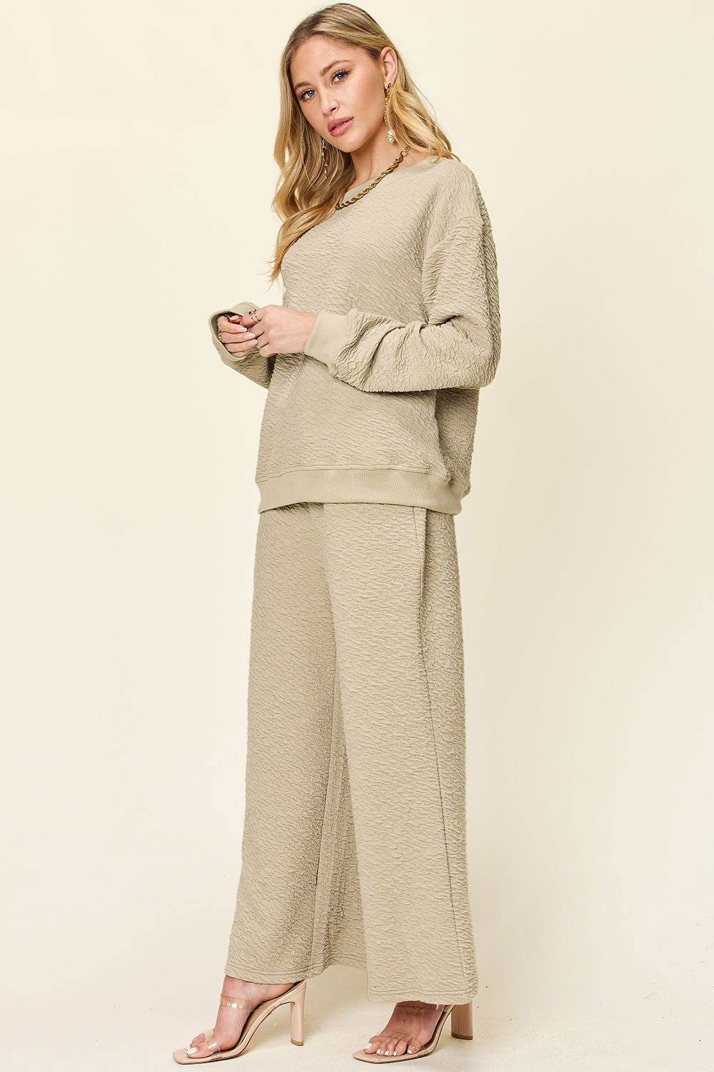 Double Take Full Size Texture Long Sleeve Top and Pants Set - us.meeeshop