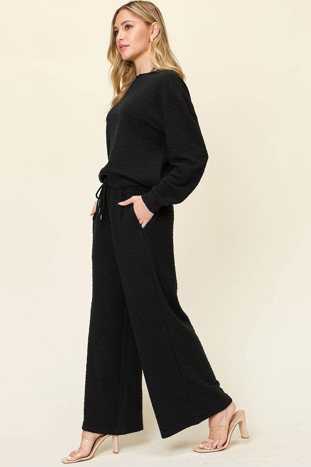 Double Take Full Size Texture Long Sleeve Top and Pants Set - us.meeeshop