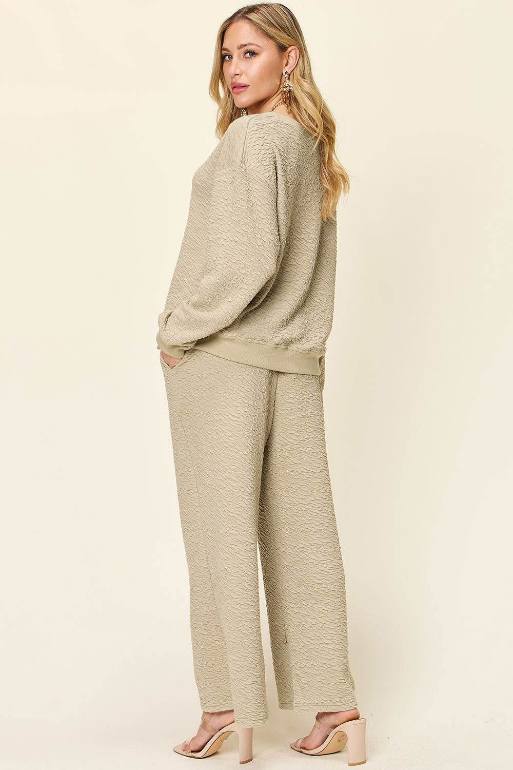 Double Take Full Size Texture Long Sleeve Top and Pants Set - us.meeeshop