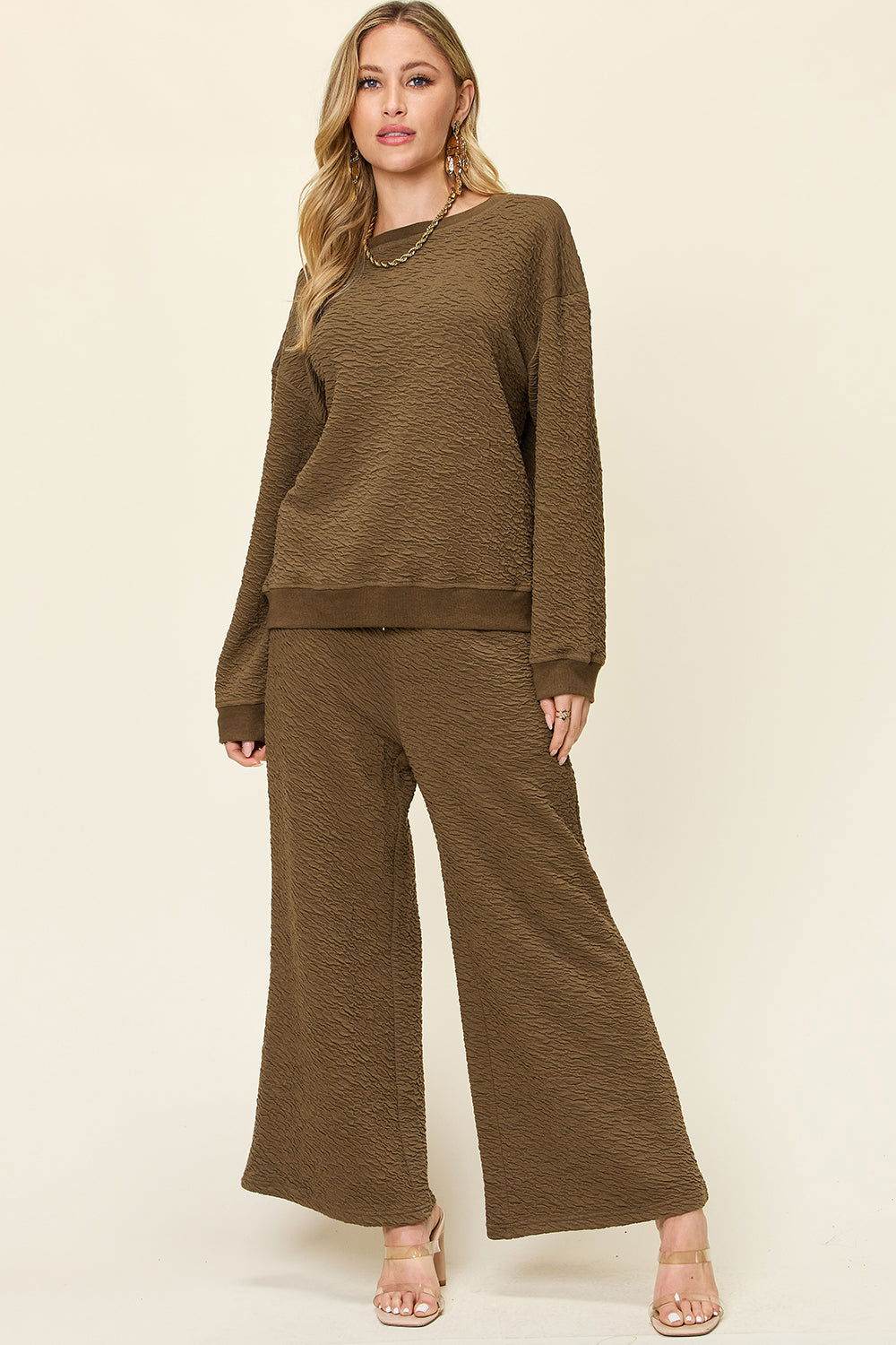 Double Take Full Size Texture Long Sleeve Top and Pants Set - us.meeeshop