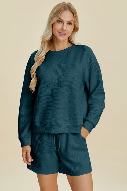 Double Take Full Size Texture Round Neck Long Sleeve Top and Shorts Set us.meeeshop - Loungewear