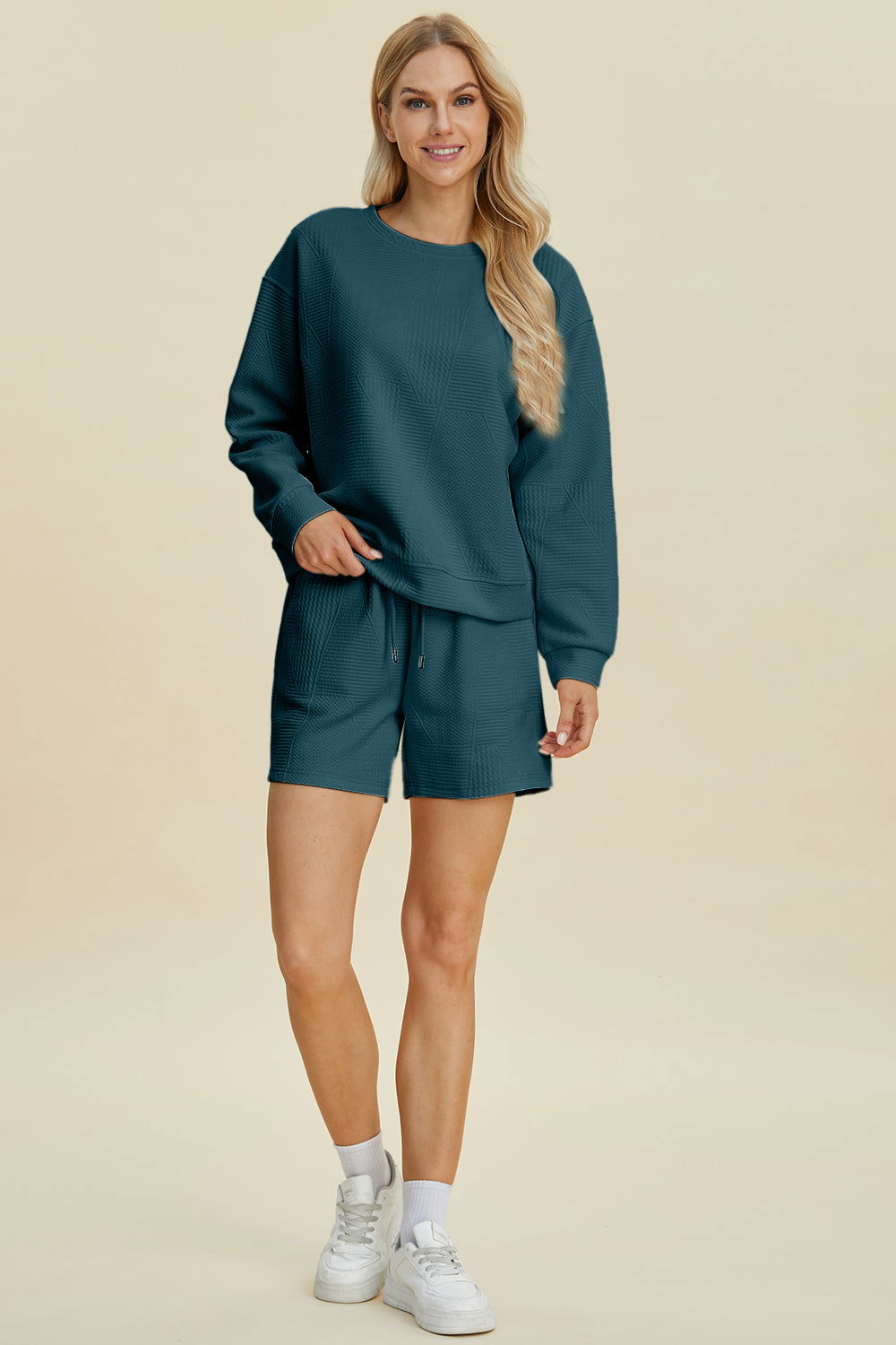 Double Take Full Size Texture Round Neck Long Sleeve Top and Shorts Set us.meeeshop - 