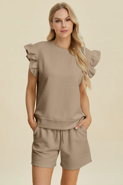 Double Take Full Size Texture Round Neck Ruffle Sleeve Top and Shorts Set us.meeeshop - 