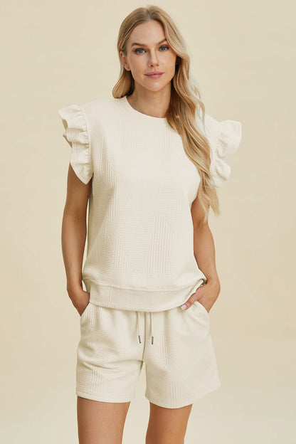 Double Take Full Size Texture Round Neck Ruffle Sleeve Top and Shorts Set us.meeeshop - 