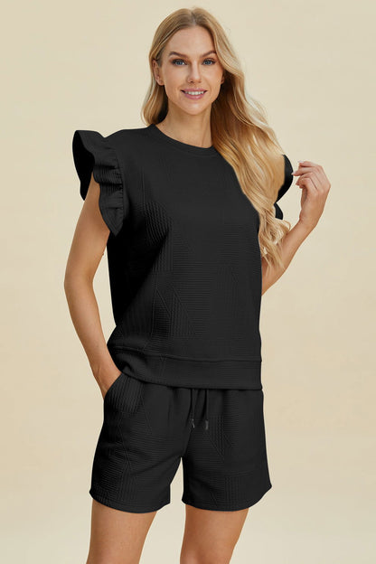 Double Take Full Size Texture Round Neck Ruffle Sleeve Top and Shorts Set us.meeeshop - 