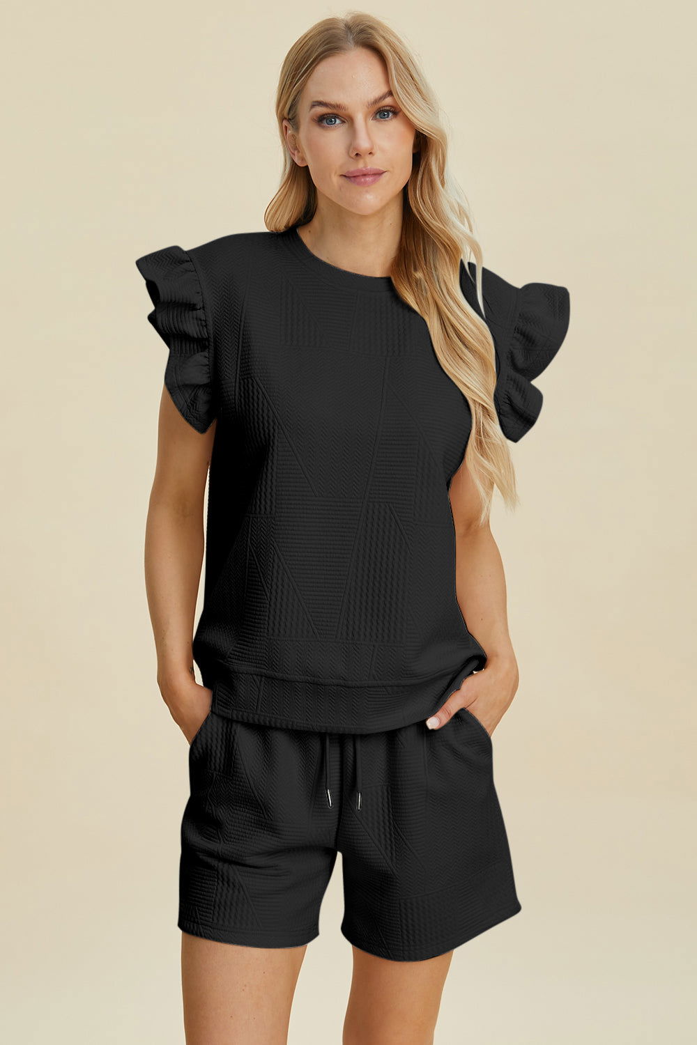 Double Take Full Size Texture Round Neck Ruffle Sleeve Top and Shorts Set us.meeeshop - 