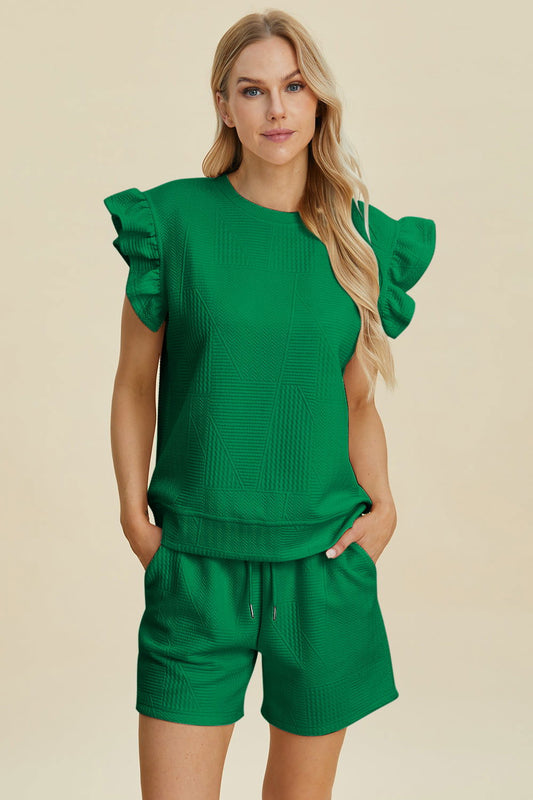 Double Take Full Size Texture Round Neck Ruffle Sleeve Top and Shorts Set us.meeeshop - Outfit Sets