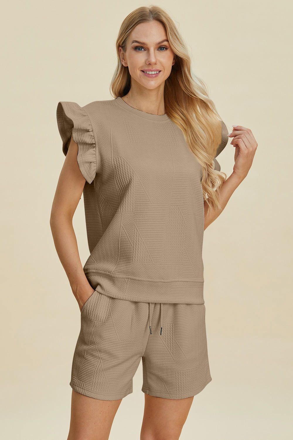 Double Take Full Size Texture Round Neck Ruffle Sleeve Top and Shorts Set us.meeeshop - 