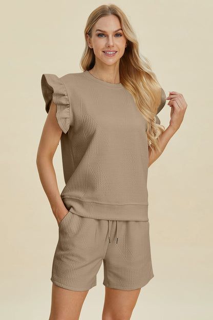 Double Take Full Size Texture Round Neck Ruffle Sleeve Top and Shorts Set us.meeeshop - 