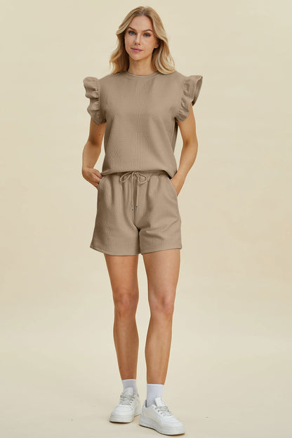 Double Take Full Size Texture Round Neck Ruffle Sleeve Top and Shorts Set us.meeeshop - 