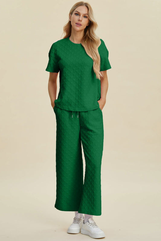 Double Take Full Size Texture Round Neck Short Sleeve Top and Pants Set us.meeeshop - Loungewear