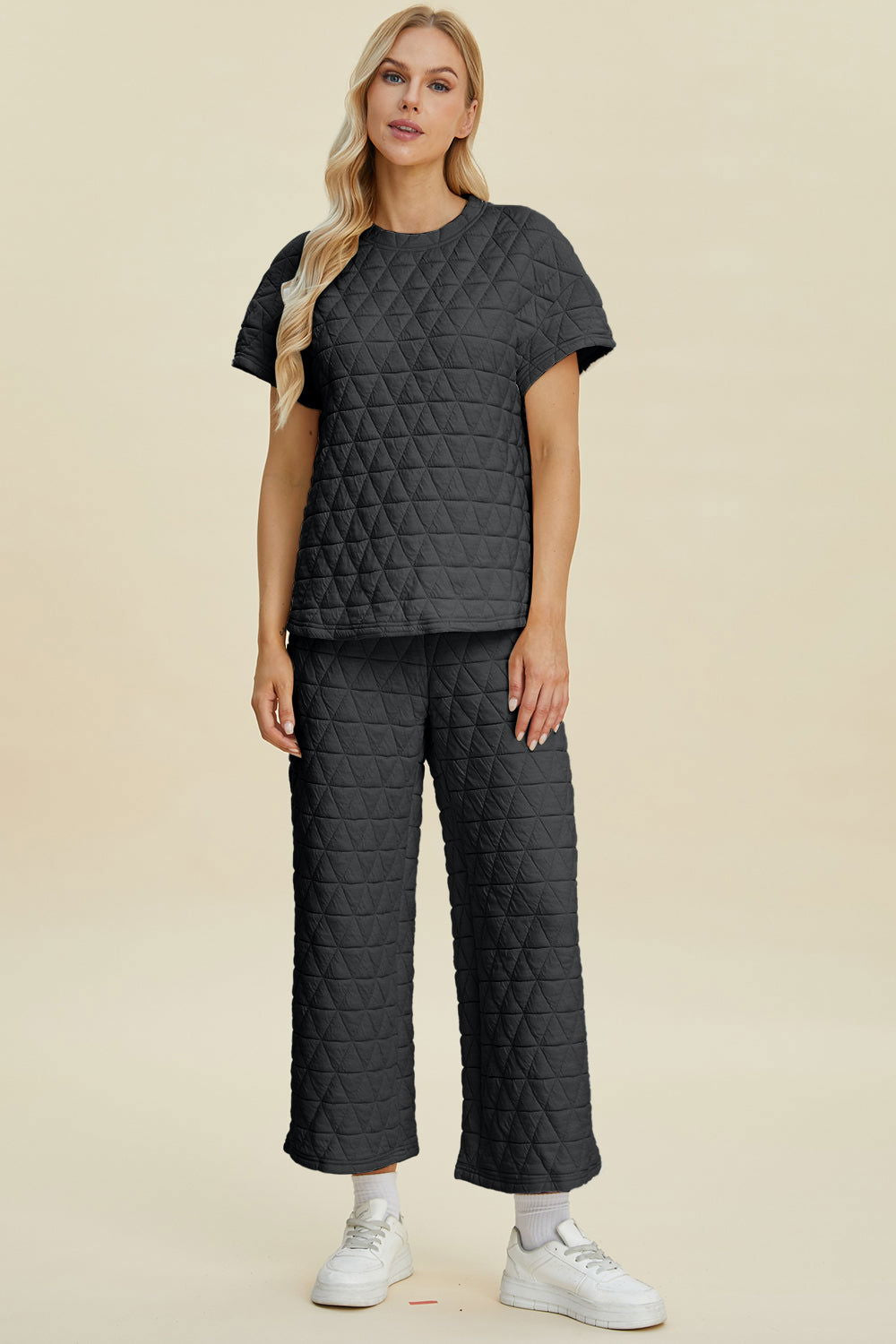 Double Take Full Size Texture Round Neck Short Sleeve Top and Pants Set us.meeeshop - Loungewear