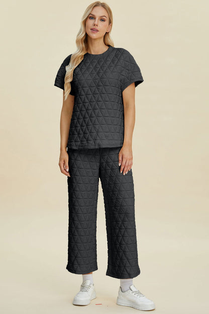 Double Take Full Size Texture Round Neck Short Sleeve Top and Pants Set us.meeeshop - Loungewear