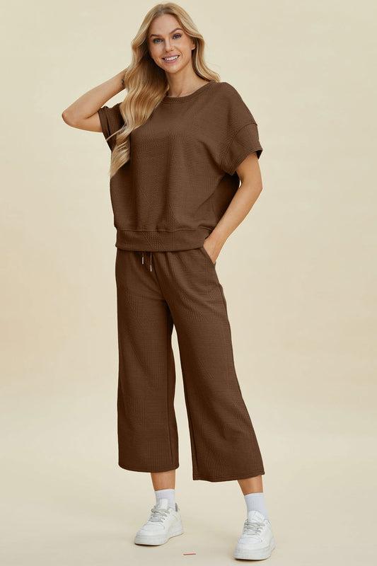 Double Take Full Size Texture Round Neck Top and Pants Set us.meeeshop - Loungewear