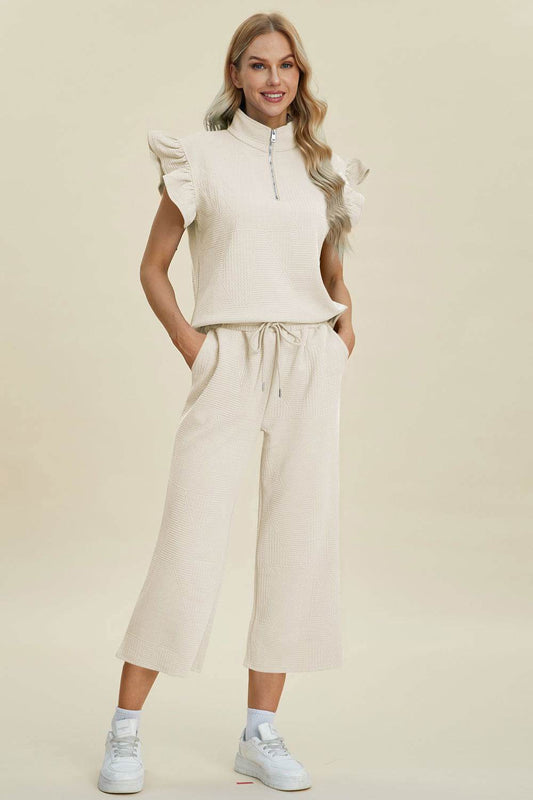 Double Take Full Size Texture Ruffle Short Sleeve Top and Wide Leg Pants Set - us.meeeshop