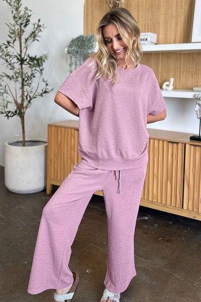 Double Take Full Size Texture Short Sleeve Top and Pants Set us.meeeshop - 