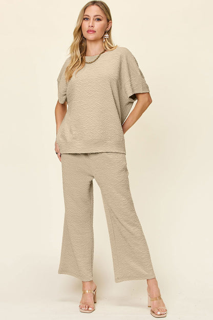 Double Take Full Size Texture Short Sleeve Top and Pants Set us.meeeshop - Loungewear