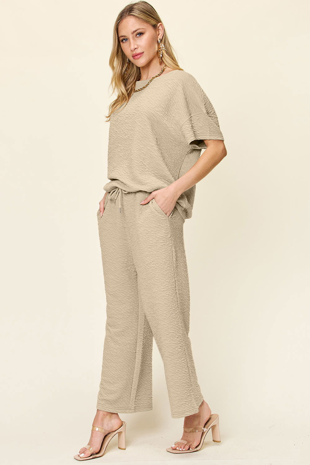 Double Take Full Size Texture Short Sleeve Top and Pants Set us.meeeshop - 