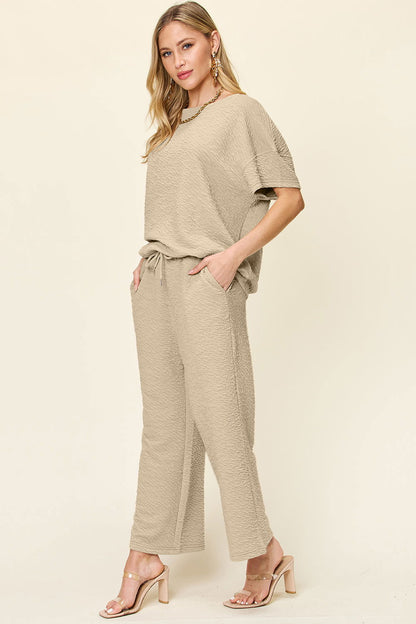 Double Take Full Size Texture Short Sleeve Top and Pants Set us.meeeshop - 