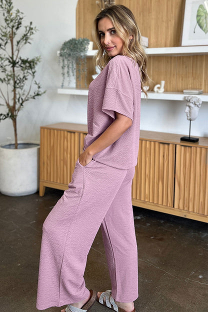 Double Take Full Size Texture Short Sleeve Top and Pants Set us.meeeshop - 