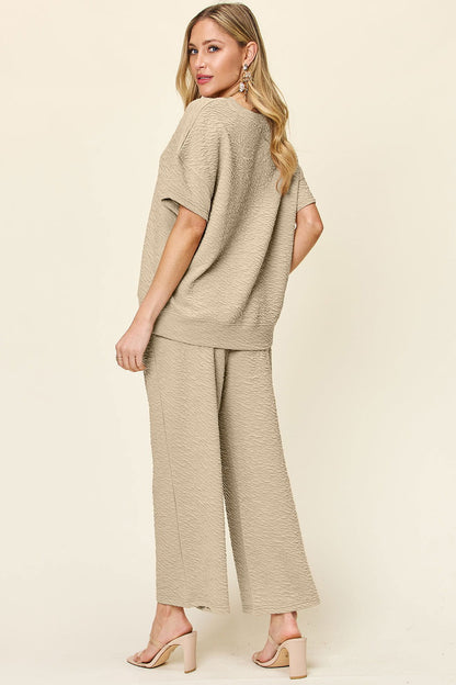 Double Take Full Size Texture Short Sleeve Top and Pants Set us.meeeshop - 