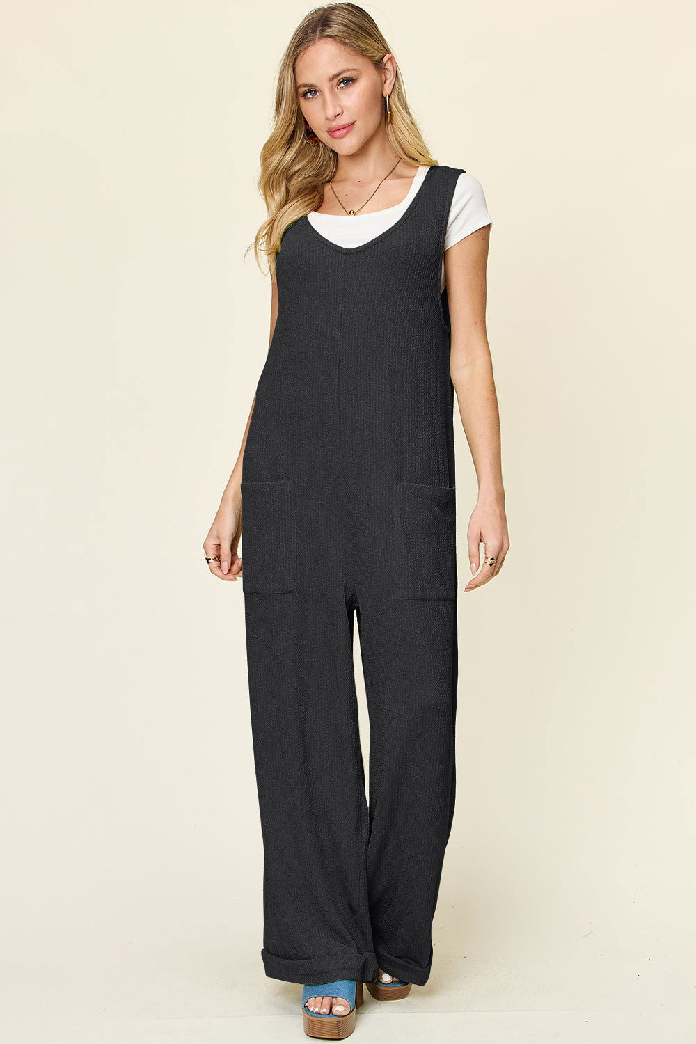 Double Take Full Size Texture Sleeveless Wide Leg Jumpsuit us.meeeshop - 